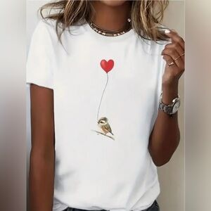 Bird and Heart Balloon Graphic White Cotton Tee Shirt Size S Valentine’s Day